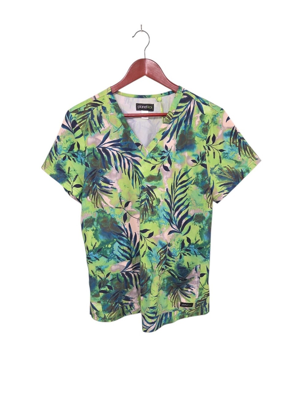 Planet‎ Koi New Womens Size Large Scrub Top Tropical Green Print Nurse Med